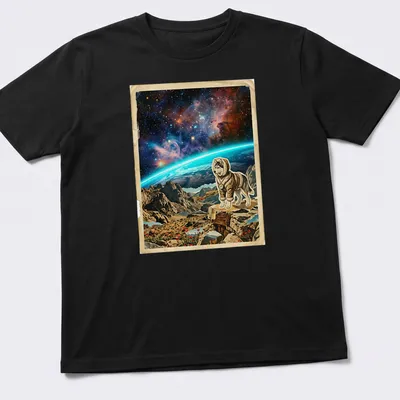 Vintage cosmic art featuring a husky and the text 'Mapping The Cosmic Horizon' in various colors.