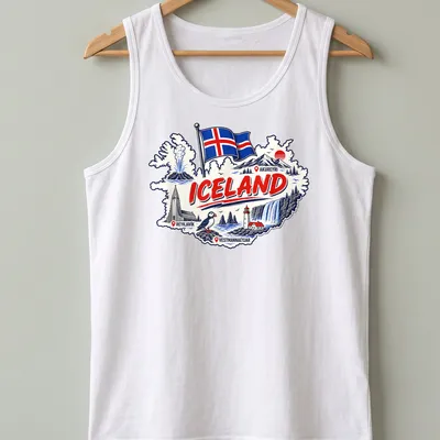 Vintage travel art T-shirt featuring a puffin, waterfall, and Iceland map — printed on a tank top