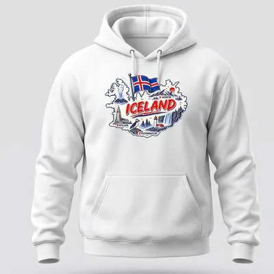 Vintage travel art T-shirt featuring a puffin, waterfall, and Iceland map — printed on a unisex hoodie