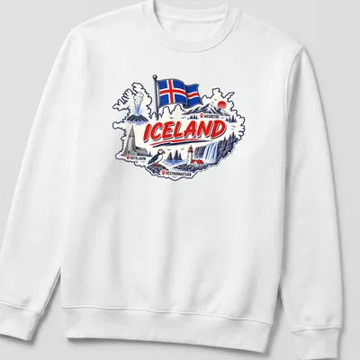Vintage travel art T-shirt featuring a puffin, waterfall, and Iceland map — printed on a unisex sweatshirt
