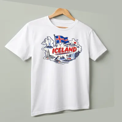 Vintage travel art T-shirt featuring a puffin, waterfall, and Iceland map — printed on a unisex t-shirt (angled view)