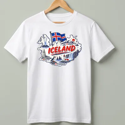 Vintage travel art T-shirt featuring a puffin, waterfall, and Iceland map