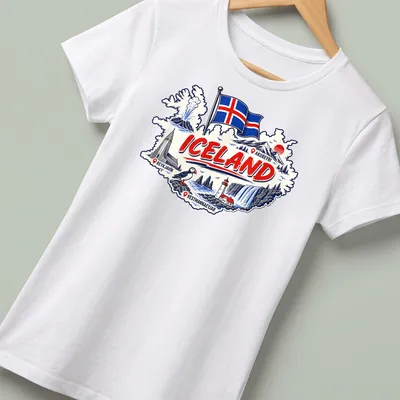 Vintage travel art T-shirt featuring a puffin, waterfall, and Iceland map — printed on a women's shirt
