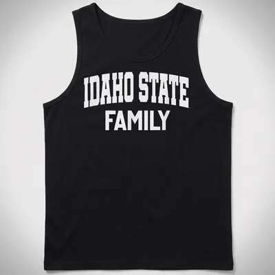 Bold white lettering saying Idaho State Family on a — printed on a tank top