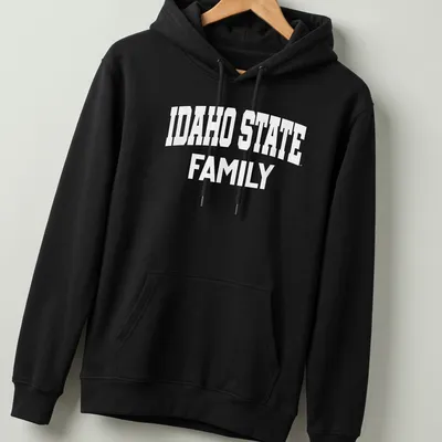 Bold white lettering saying Idaho State Family on a — printed on a unisex hoodie