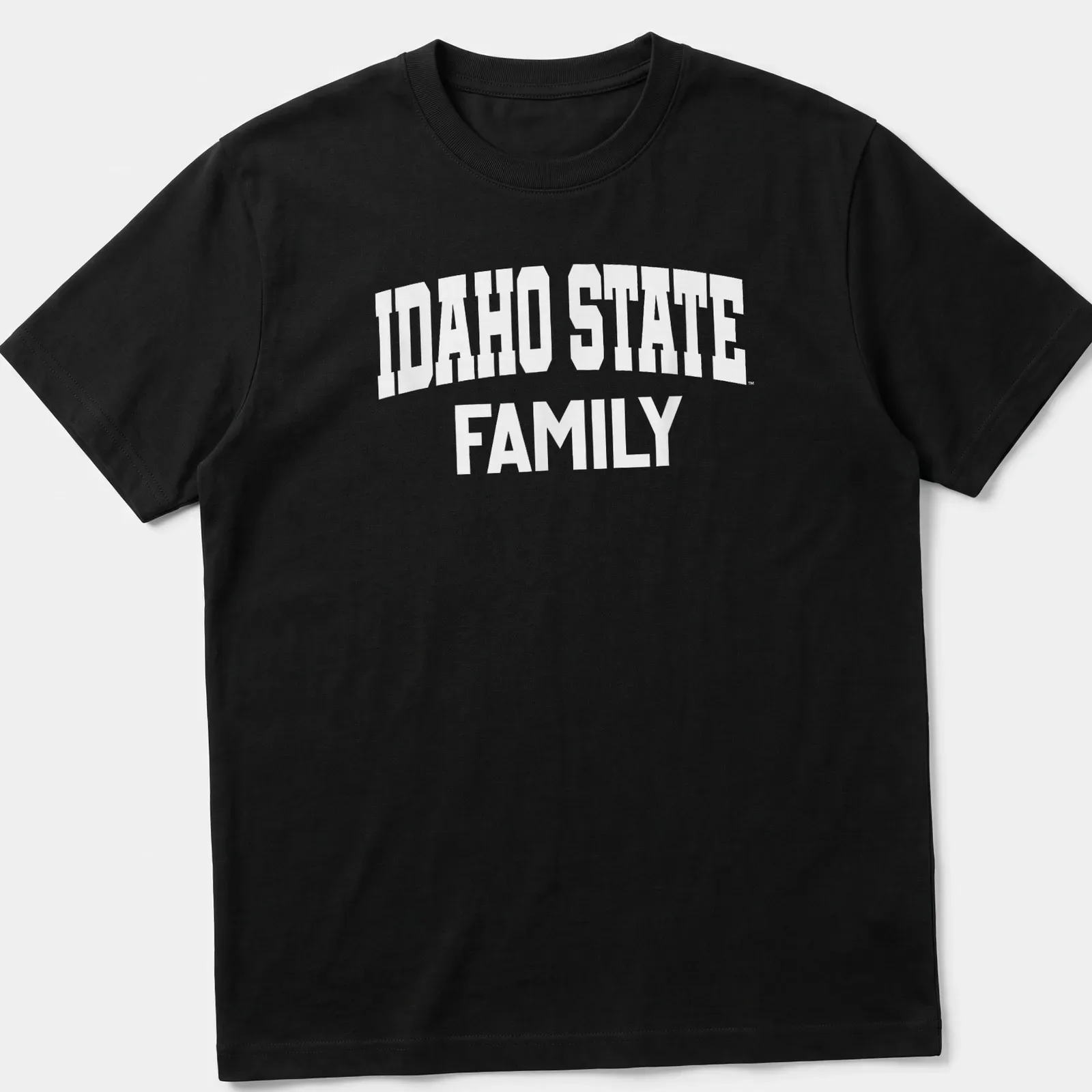 Bold white lettering saying Idaho State Family on a — printed on a unisex t-shirt