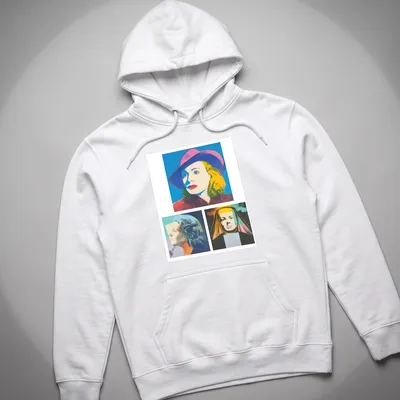 Pop Art portrait of Ingrid Bergman with vibrant colors and signature text — printed on a unisex hoodie