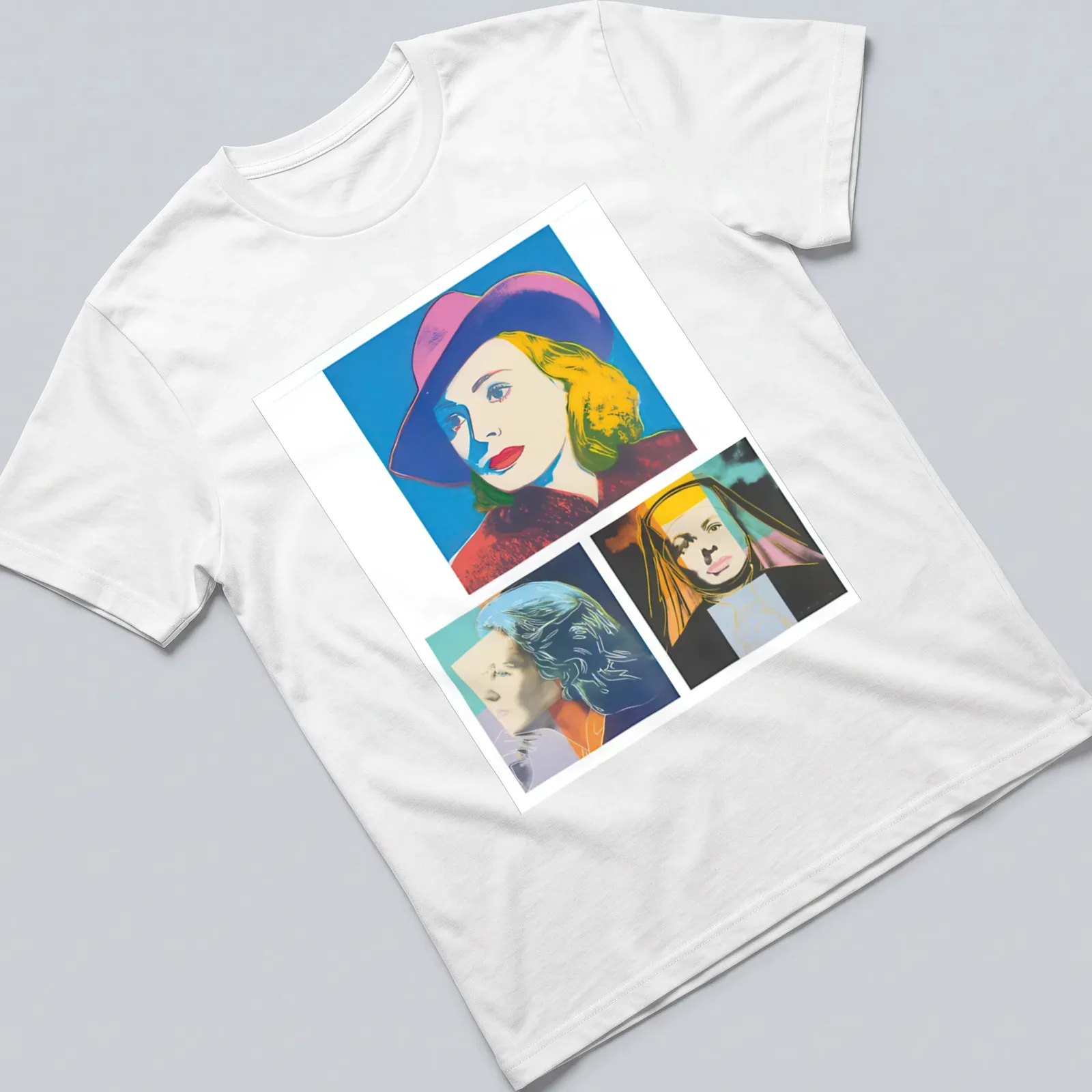 Pop Art portrait of Ingrid Bergman with vibrant colors and signature text — printed on a unisex t-shirt
