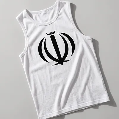 Simple black and white graphic of an Iranian symbol — printed on a tank top