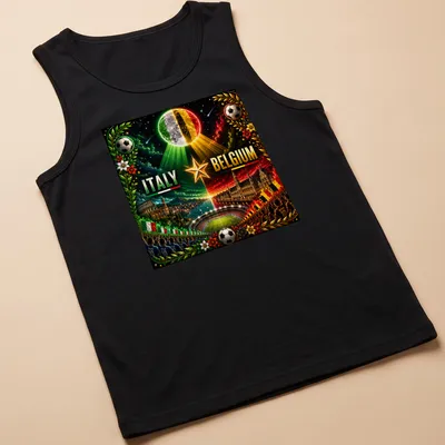 Cosmic neon T-shirt featuring Italy Belgium football match design — printed on a tank top