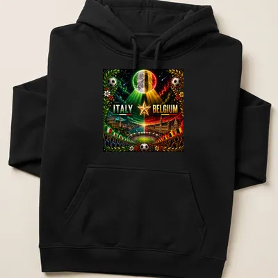 Cosmic neon T-shirt featuring Italy Belgium football match design — printed on a unisex hoodie