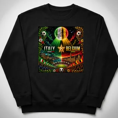 Cosmic neon T-shirt featuring Italy Belgium football match design — printed on a unisex sweatshirt