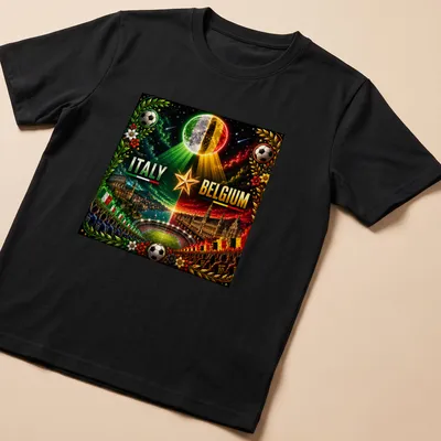 Cosmic neon T-shirt featuring Italy Belgium football match design