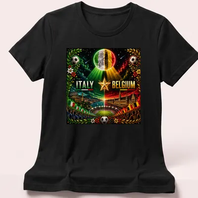 Cosmic neon T-shirt featuring Italy Belgium football match design — printed on a women's shirt