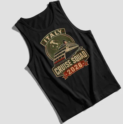 Vintage distressed Italy Cruise Squad 2026 t-shirt featuring a cruise ship graphic — printed on a tank top