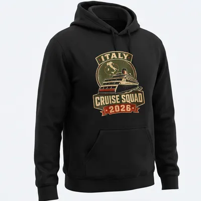Vintage distressed Italy Cruise Squad 2026 t-shirt featuring a cruise ship graphic — printed on a unisex hoodie