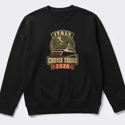 Vintage distressed Italy Cruise Squad 2026 t-shirt featuring a cruise ship graphic — printed on a unisex sweatshirt