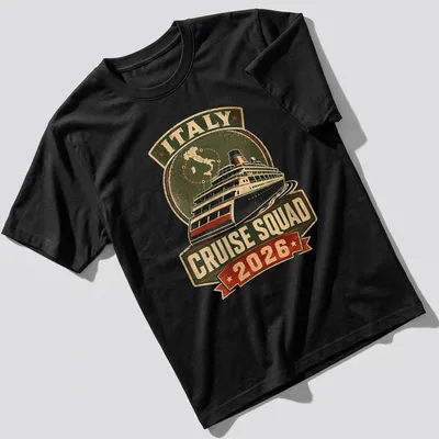 Vintage distressed Italy Cruise Squad 2026 t-shirt featuring a cruise ship graphic