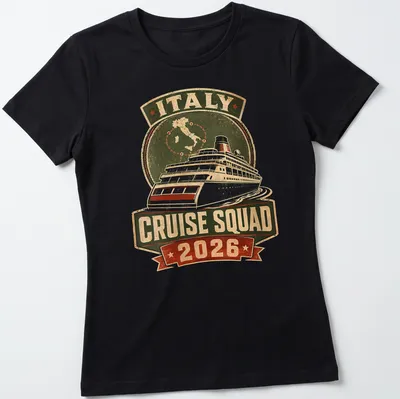 Vintage distressed Italy Cruise Squad 2026 t-shirt featuring a cruise ship graphic — printed on a women's shirt