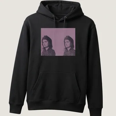 Pop Art t-shirt featuring Jacqueline Kennedy in purple, black, and white — printed on a unisex hoodie