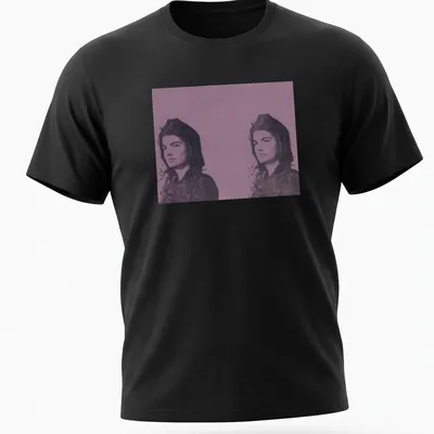 Pop Art t-shirt featuring Jacqueline Kennedy in purple, black, and white