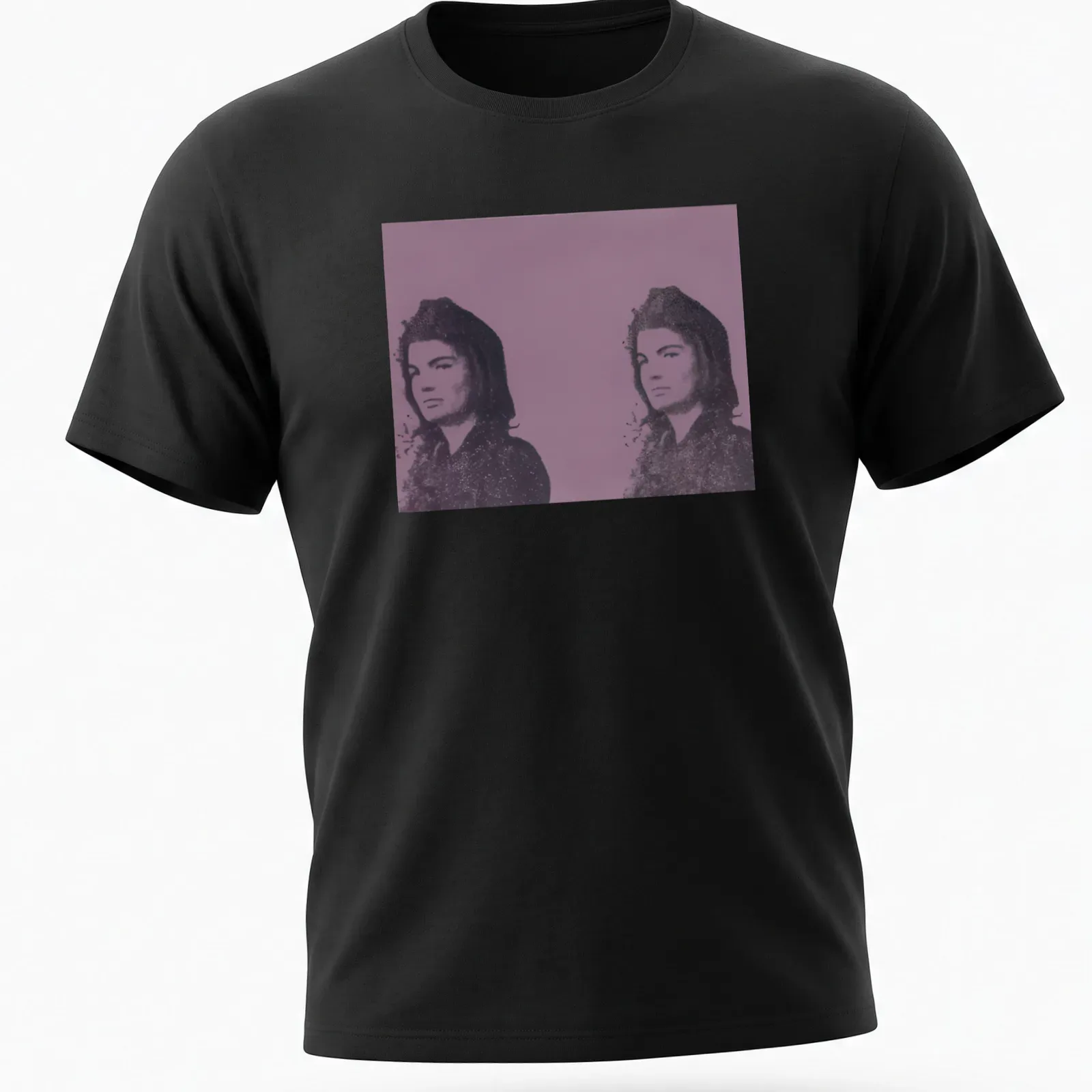 Pop Art t-shirt featuring Jacqueline Kennedy in purple, black, and white — printed on a unisex t-shirt
