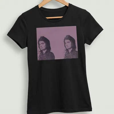 Pop Art t-shirt featuring Jacqueline Kennedy in purple, black, and white — printed on a women's shirt