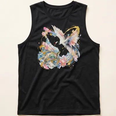 Watercolor illustration of a Japanese crane and turtle in gold and pastel colors — printed on a tank top