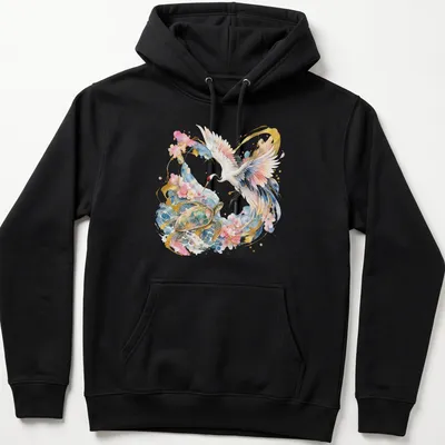 Watercolor illustration of a Japanese crane and turtle in gold and pastel colors — printed on a unisex hoodie