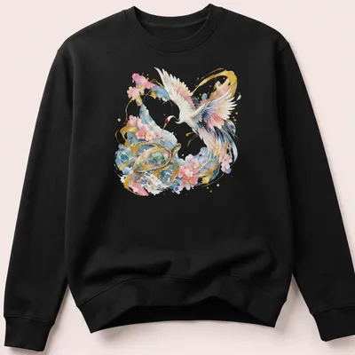 Watercolor illustration of a Japanese crane and turtle in gold and pastel colors — printed on a unisex sweatshirt