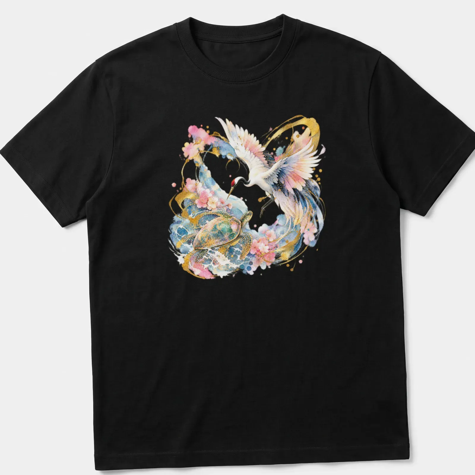 Watercolor illustration of a Japanese crane and turtle in gold and pastel colors — printed on a unisex t-shirt
