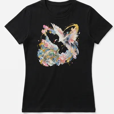 Watercolor illustration of a Japanese crane and turtle in gold and pastel colors — printed on a women's shirt
