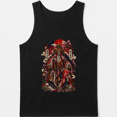 Japanese Skeleton Emperor under cherry blossoms with a caption in vibrant colors — printed on a tank top