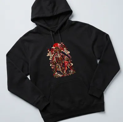 Japanese Skeleton Emperor under cherry blossoms with a caption in vibrant colors — printed on a unisex hoodie