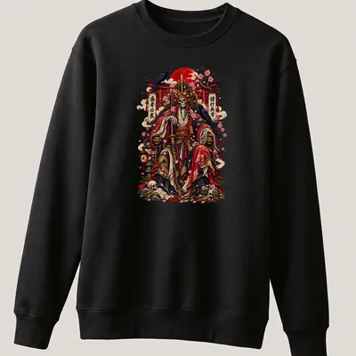 Japanese Skeleton Emperor under cherry blossoms with a caption in vibrant colors — printed on a unisex sweatshirt