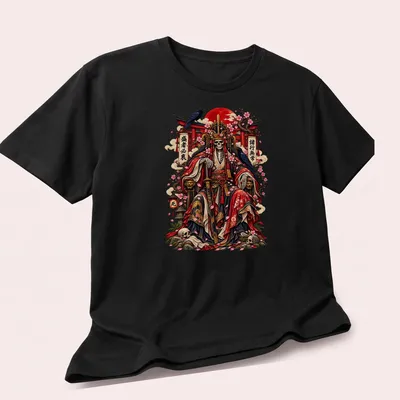 Japanese Skeleton Emperor under cherry blossoms with a caption in vibrant colors — printed on a unisex t-shirt (angled view)
