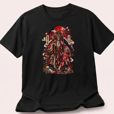 Japanese Skeleton Emperor under cherry blossoms with a caption in vibrant colors