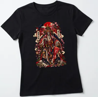 Japanese Skeleton Emperor under cherry blossoms with a caption in vibrant colors — printed on a women's shirt