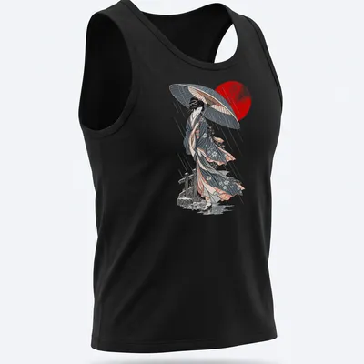 Ukiyo-e style illustration of a Japanese woman holding an umbrella in the rain — printed on a tank top