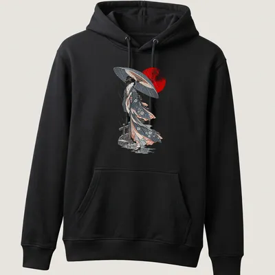 Ukiyo-e style illustration of a Japanese woman holding an umbrella in the rain — printed on a unisex hoodie