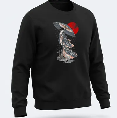 Ukiyo-e style illustration of a Japanese woman holding an umbrella in the rain — printed on a unisex sweatshirt