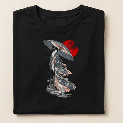Ukiyo-e style illustration of a Japanese woman holding an umbrella in the rain — printed on a women's shirt