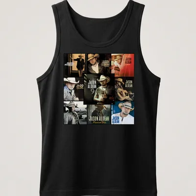 Collage of Jason Aldean's albums in black, white, brown, gold, and red — printed on a tank top
