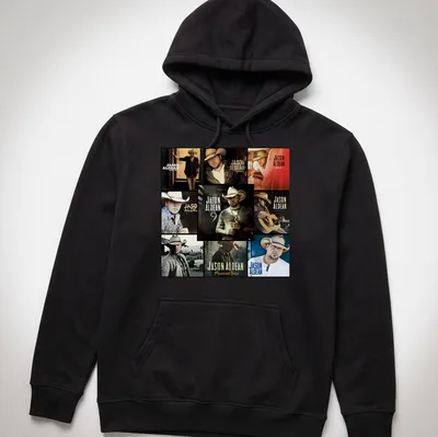Collage of Jason Aldean's albums in black, white, brown, gold, and red — printed on a unisex hoodie