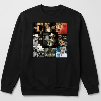 Collage of Jason Aldean's albums in black, white, brown, gold, and red — printed on a unisex sweatshirt