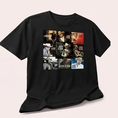 Collage of Jason Aldean's albums in black, white, brown, gold, and red — printed on a unisex t-shirt (angled view)