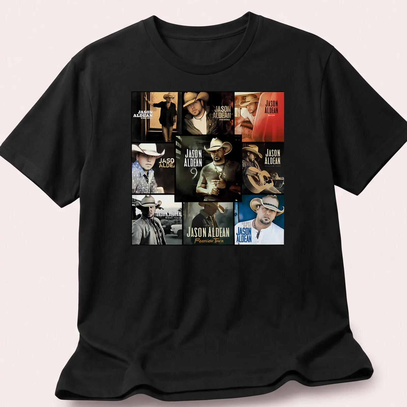 Collage of Jason Aldean's albums in black, white, brown, gold, and red — printed on a unisex t-shirt