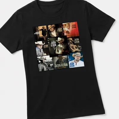 Collage of Jason Aldean's albums in black, white, brown, gold, and red — printed on a women's shirt
