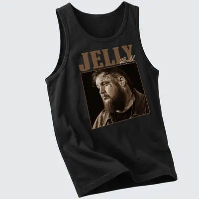 Sepia-toned Jelly Roll graphic with playful text in brown and beige — printed on a tank top