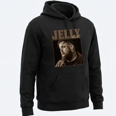 Sepia-toned Jelly Roll graphic with playful text in brown and beige — printed on a unisex hoodie